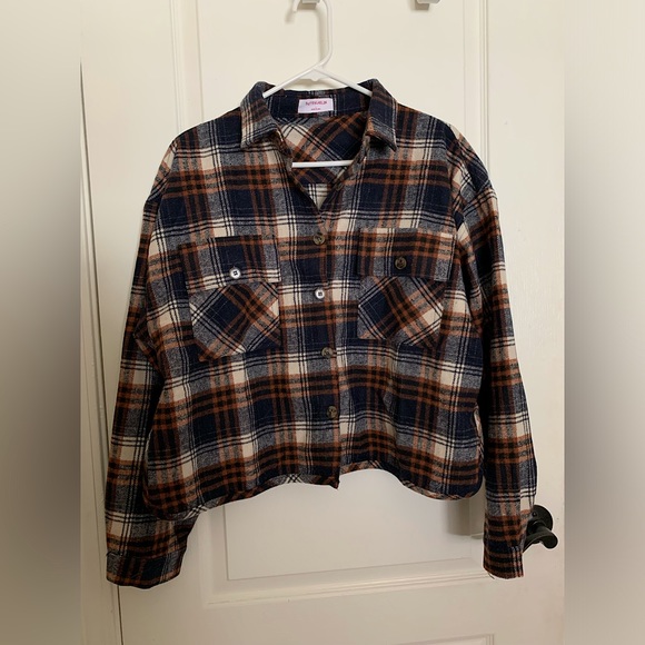 BUTTERMELON Jackets & Blazers - BUTTERMELON Navy Burnt Orange Plaid Button Up Jacket - Size Large